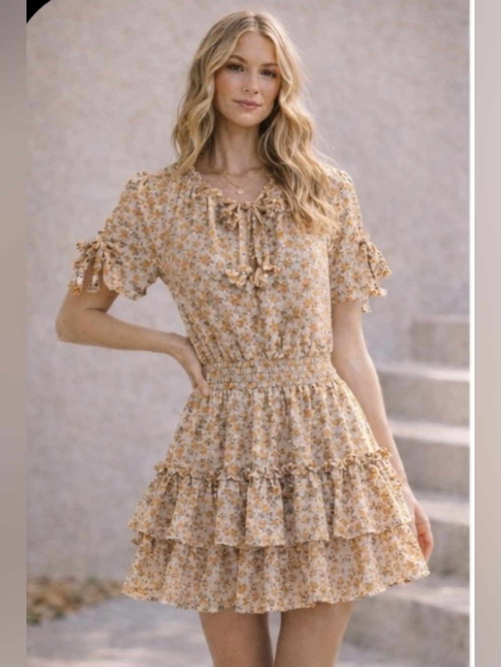 Sky To Moon Mini Dress Orange Green Floral Ruffle Tiered Small